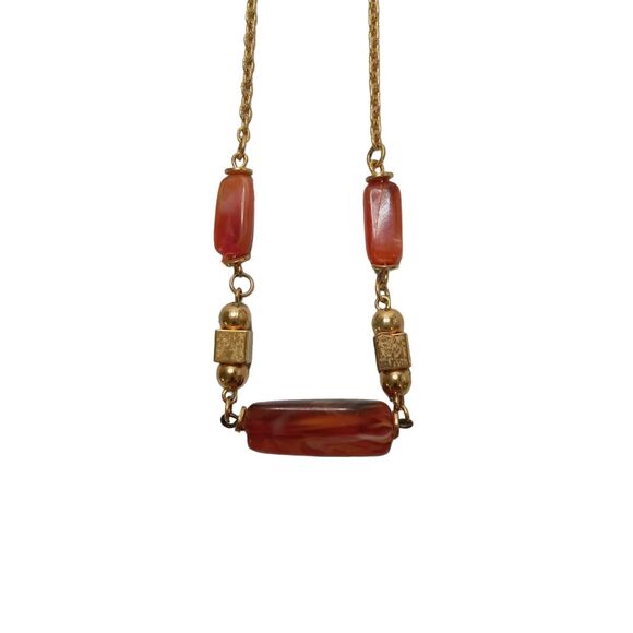 Amber Gold Tone Short Choker Necklace Gold Square & Round Beads Vintage RARE - Picture 10 of 13